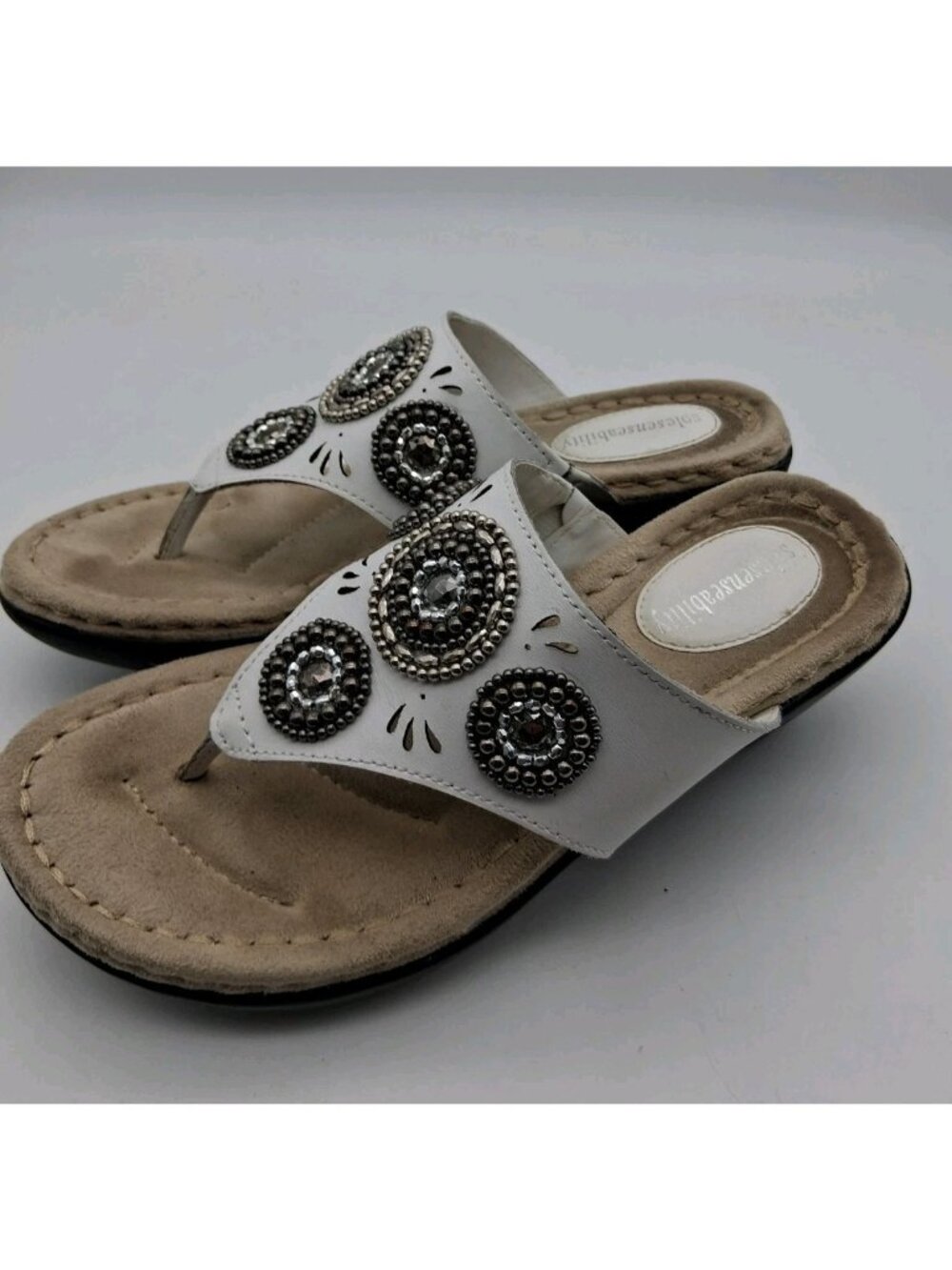 Sole Sense Ability Sandals Women’s 5.5M Flip Flops Wedge White Leather Boho - Picture 3 of 10